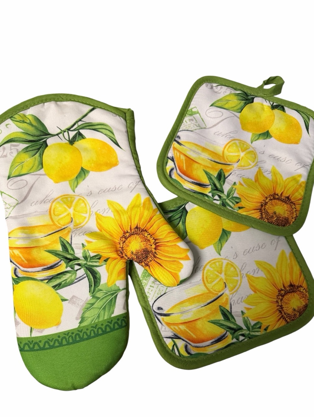 Kitchen Sunflower & Lemon Green Oven Mitt and Pot Holder Set